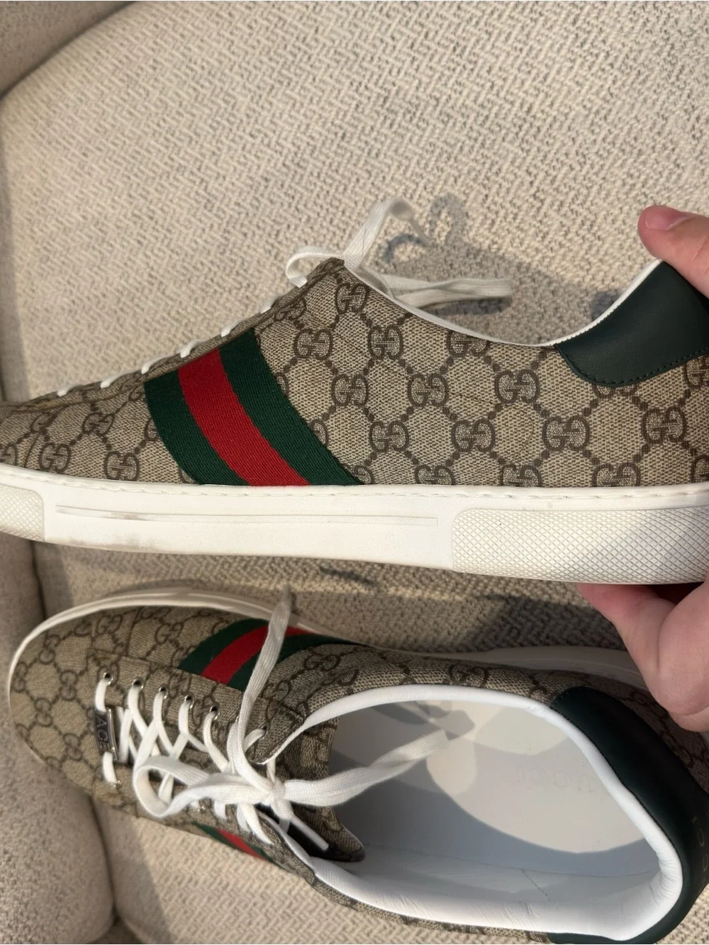 Gucci Beige GG Supreme Ace Sneakers with Green and Red Web